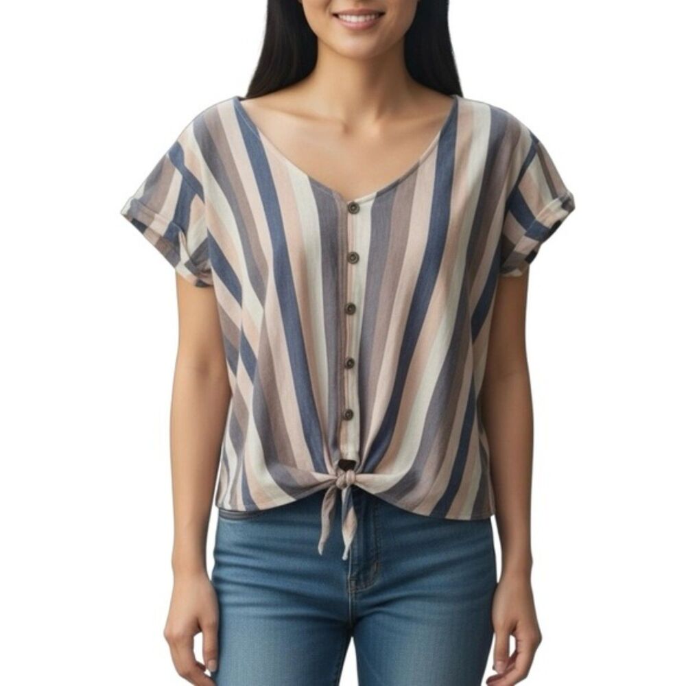 American Eagle Women’s Striped Button-Front Tie-Hem Shirt | Size M